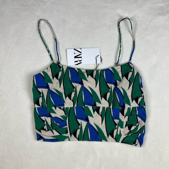 Zara Linen Spaghetti Strap Green/Blue Geometric Crop Top Shirred Back Size M - Picture 2 of 5